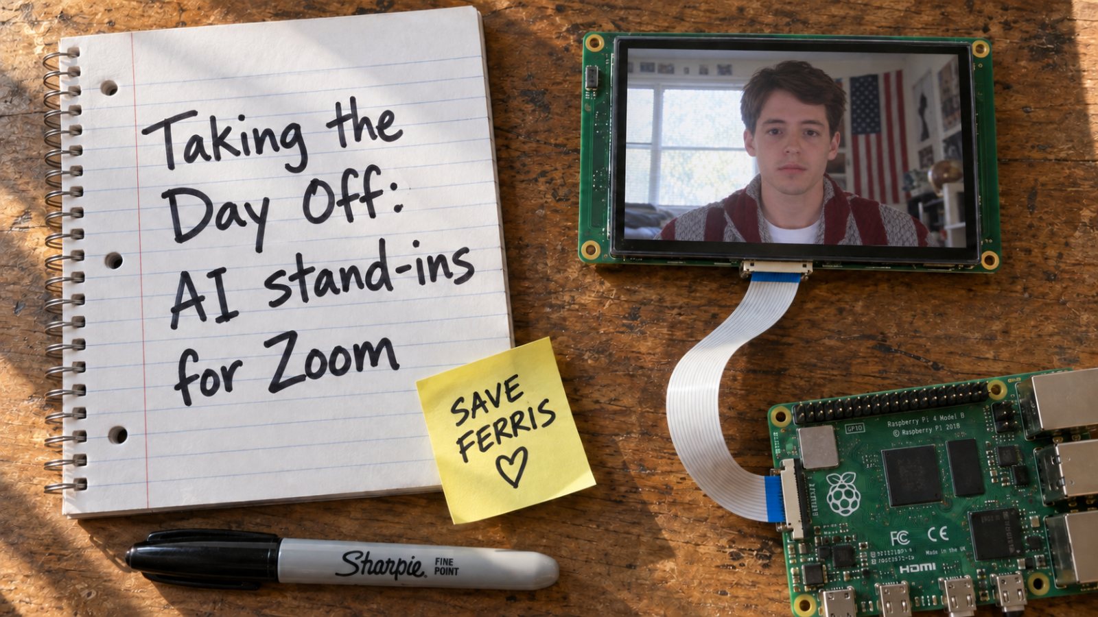 Title slide: a spiral notebook reading 'Taking the Day Off: AI stand-ins for Zoom' next to a small screen showing Ferris Bueller and a Raspberry Pi.