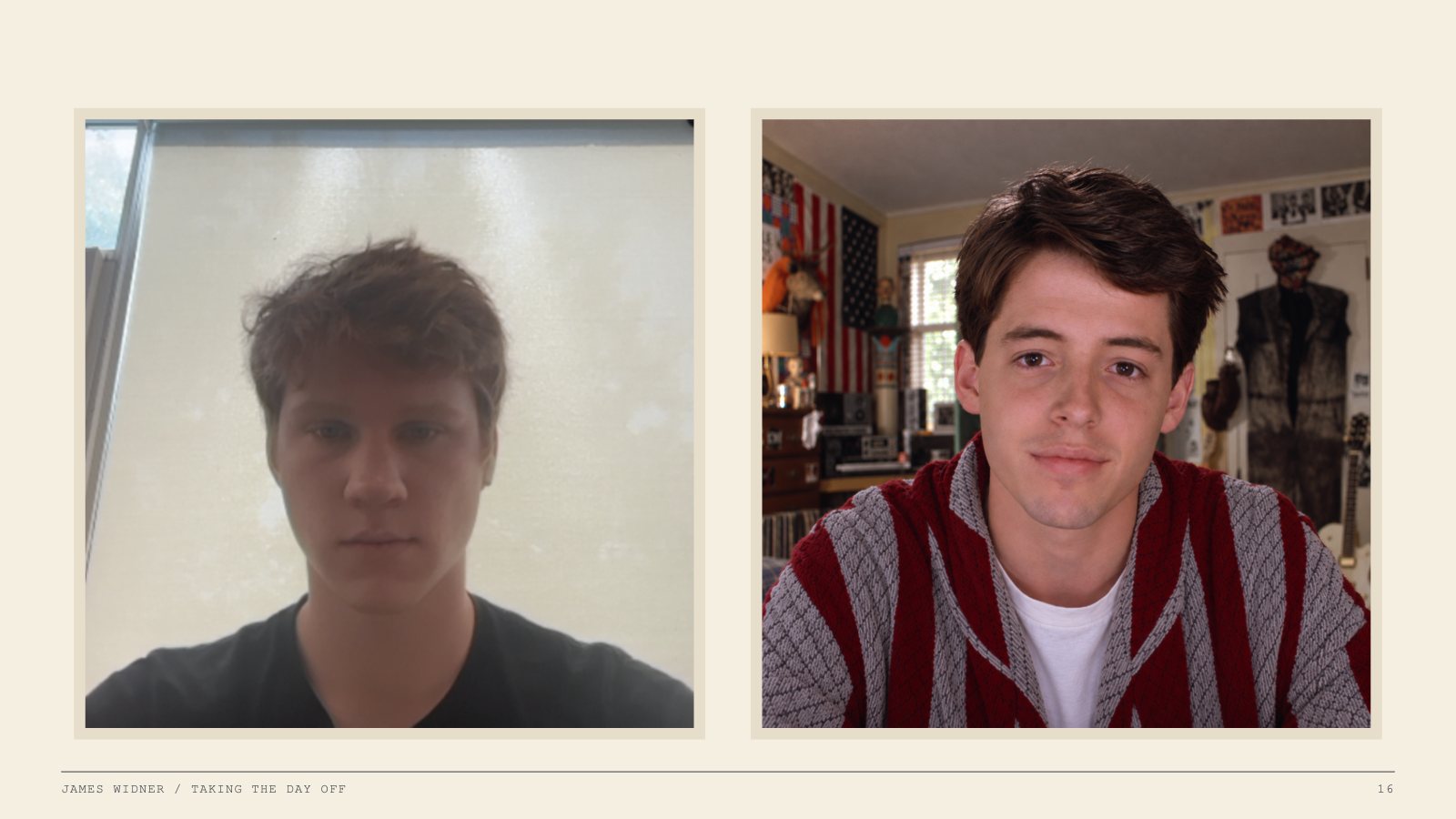Slide: James on his webcam beside the earlier, brighter Ferris portrait.